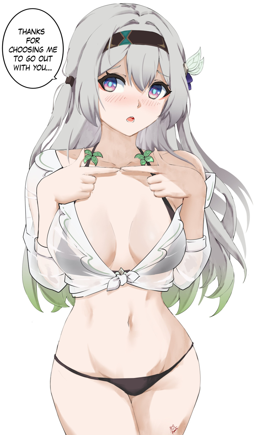 1girl absurdres bikini bikini_under_clothes black_bikini black_hairband blush breasts commentary cowboy_shot crop_top firefly_(honkai:_star_rail) grey_hair hairband hands_up highres honkai:_star_rail honkai_(series) kagurachi long_hair long_sleeves looking_at_viewer medium_breasts midriff navel no_pants off_shoulder open_mouth own_fingers_together purple_eyes shirt simple_background single_bare_shoulder solo speech_bubble standing stomach swimsuit thighs tied_shirt very_long_hair white_background white_shirt
