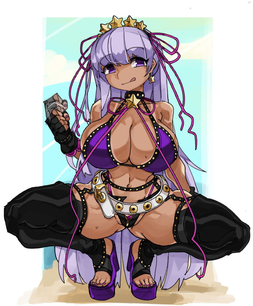 1girl absurdres bb_(fate)_(all) bb_(swimsuit_mooncancer)_(fate) belt bikini black_gloves breasts dark_skin earrings fate/grand_order fate_(series) fingerless_gloves gloves hair_ornament hand_gesture highres huge_breasts jewelry licking_lips loose_belt nail_polish open_fly pink_nails pink_ribbon purple_bikini purple_footwear ribbon squatting star_(symbol) star_hair_ornament studded_bikini studded_choker studded_garter_belt swimsuit thick_thighs thighs tongue tongue_out white_belt zana zipper