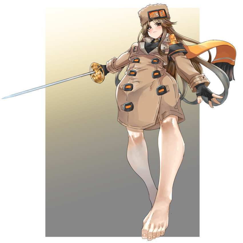 1girl arm_scarf bare_legs barefoot black_gloves blonde_hair blush border brown_coat closed_mouth coat cosplay eiji_(eiji) feet fingerless_gloves foreshortening full_body fur_hat gloves granblue_fantasy granblue_fantasy_versus granblue_fantasy_versus:_rising guilty_gear guilty_gear_strive hat highres holding holding_sword holding_weapon katalina_(granblue_fantasy) long_hair looking_at_viewer millia_rage millia_rage_(cosplay) rapier solo sword ushanka weapon white_border