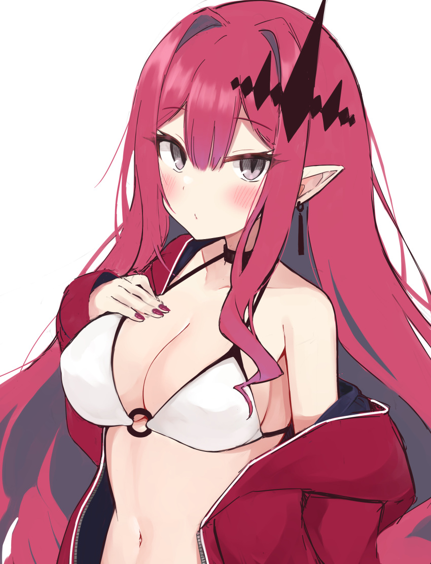 1girl absurdres baobhan_sith_(fate) bare_shoulders bikini blush breasts cleavage earrings fate/grand_order fate_(series) grey_eyes hair_ornament hand_on_own_chest highres jacket jacket_partially_removed jewelry long_hair looking_at_viewer nail_polish navel open_clothes open_jacket pink_hair pointy_ears red_jacket red_nails shimejirou_(000kk) sidelocks solo swimsuit upper_body white_background white_bikini