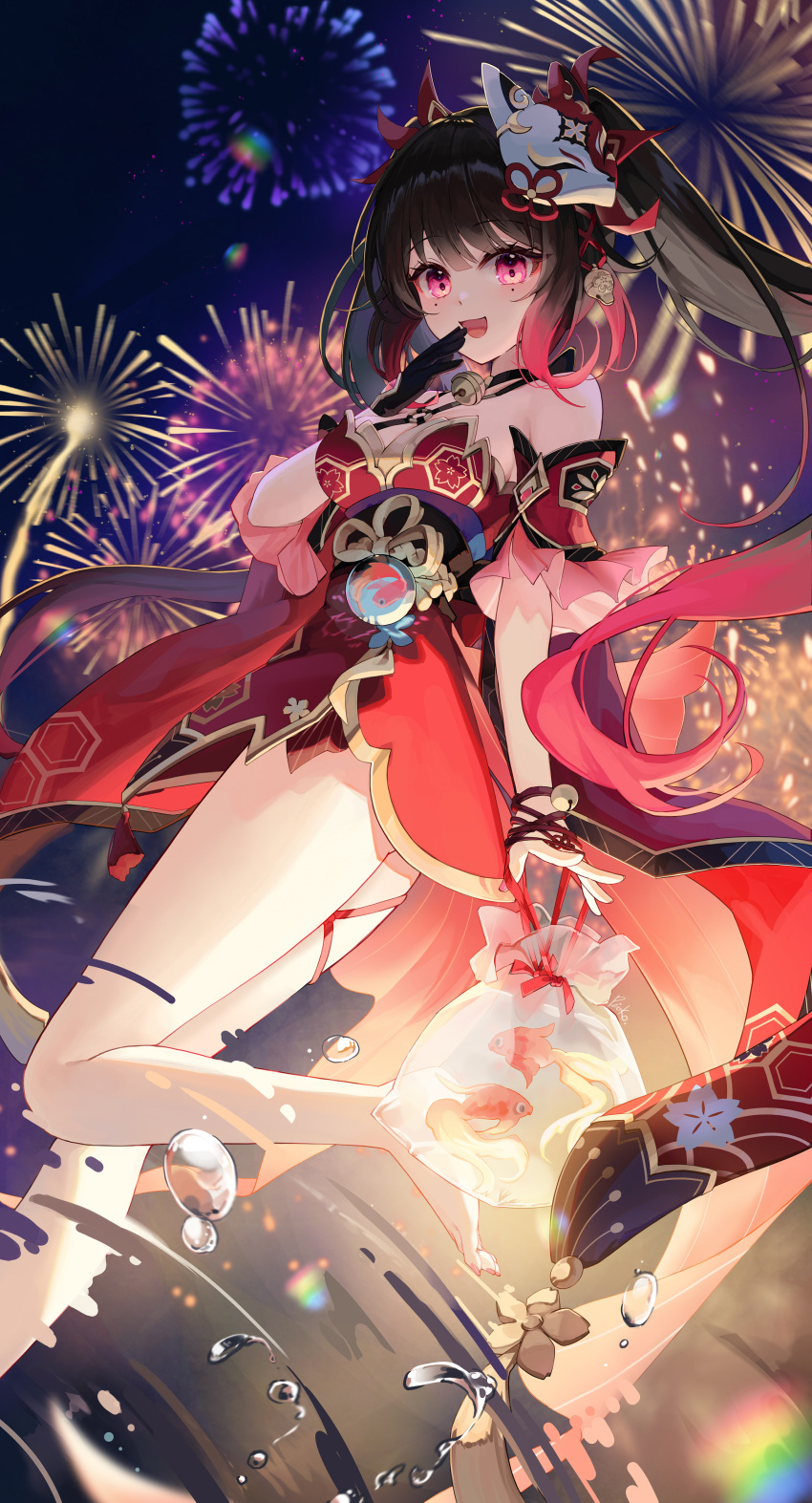 1girl absurdres bare_shoulders black_gloves black_hair commentary_request detached_sleeves dress fireworks floating fox_mask gloves highres honkai:_star_rail honkai_(series) koi long_hair looking_at_viewer mask mask_on_head mole mole_under_each_eye mole_under_eye multiple_moles night night_sky obi pistachiocream red_dress red_eyes sash single_glove sky sleeveless sleeveless_dress solo sparkle_(honkai:_star_rail) twintails water_drop