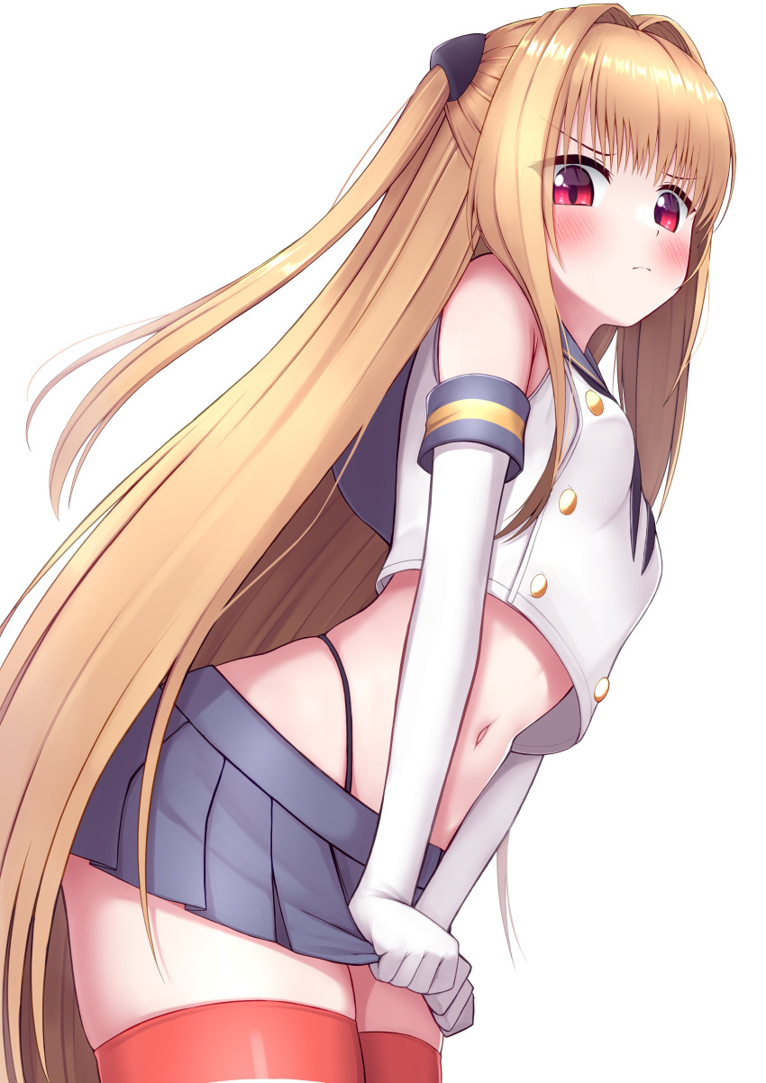 absurdres black_neckerchief black_panties blonde_hair blue_sailor_collar blue_skirt blush breasts clothes_pull commission cone_hair_bun cosplay cowboy_shot crop_top elbow_gloves gloves hair_bun highleg highleg_panties highres kantai_collection konjiki_no_yami long_hair looking_at_viewer microskirt miniskirt neckerchief nose_blush panties pleated_skirt red_eyes sailor_collar shimakaze_(kancolle) shimakaze_(kancolle)_(cosplay) shirt skeb_commission skirt skirt_pull sleeveless sleeveless_shirt small_breasts striped_clothes striped_thighhighs thighhighs tiemu_(man190) to_love-ru two_side_up underwear white_gloves