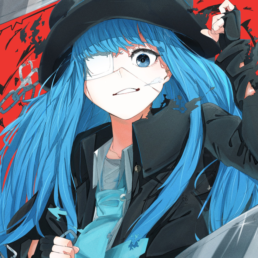 1girl arm_up black_gloves black_headwear black_jacket blue_eyes blue_hair blue_necktie breasts broken broken_chain chain clenched_hands clenched_teeth collarbone collared_shirt eyepatch fingerless_gloves gloves highres jacket long_hair long_sleeves looking_at_viewer medical_eyepatch necktie original portrait red_background shirt solo teeth torn_clothes torn_jacket torn_necktie yuindesu