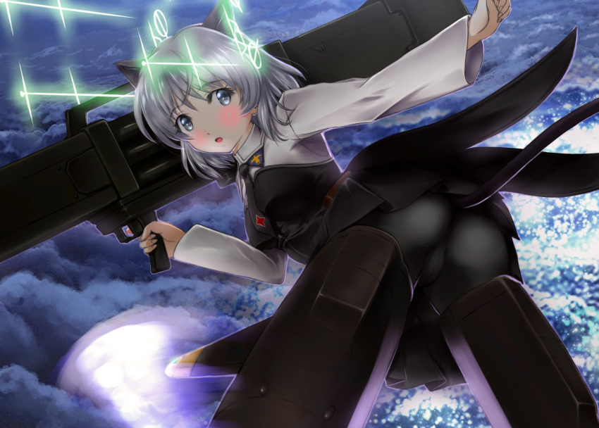 1girl animal_ears ass blue_eyes blush breasts cat_ears cat_tail crotch fliegerhammer flying highres looking_at_viewer memory_(prophet5) military_uniform open_mouth pantylines sanya_v._litvyak short_hair sky small_breasts solo strike_witches striker_unit tail uniform white_hair world_witches_series