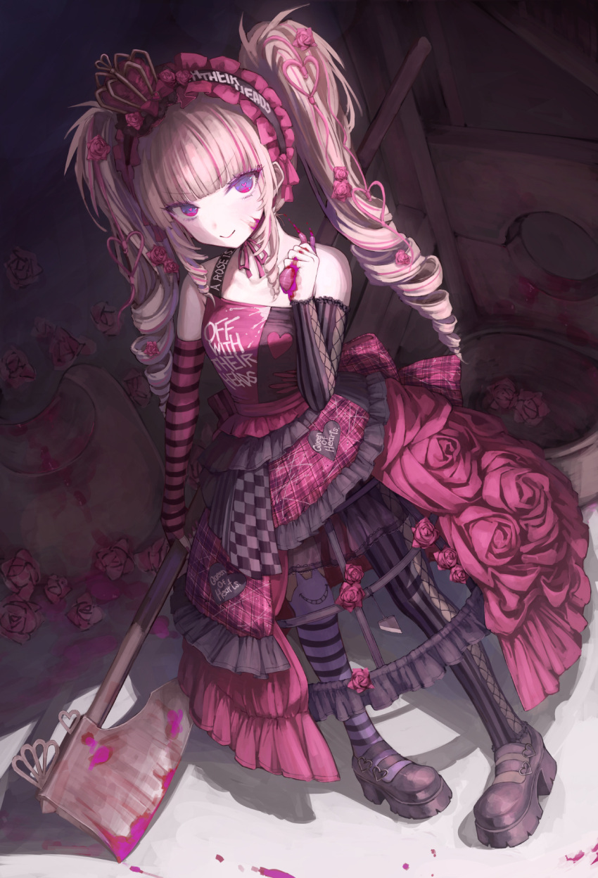 1girl axe black_footwear blonde_hair blood blunt_bangs boots closed_mouth crown detached_sleeves dress drill_hair full_body gothic_lolita hair_ornament hairband highres holding holding_axe lolita_fashion looking_at_viewer original osobachan petticoat pink_blood pink_eyes purple_eyes red_dress revision sidelocks smile solo standing twin_drills twintails