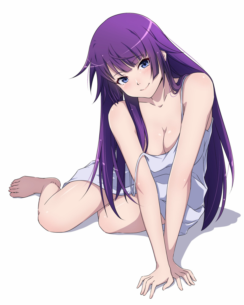 1girl absurdres bare_legs bare_shoulders barefoot blue_eyes blush breasts cleavage collarbone dress eyelashes full_body highres large_breasts long_hair looking_at_viewer monogatari_(series) nishizuki_shino on_ground purple_hair senjougahara_hitagi short_dress sidelocks simple_background smile solo strap_slip toes white_background white_dress