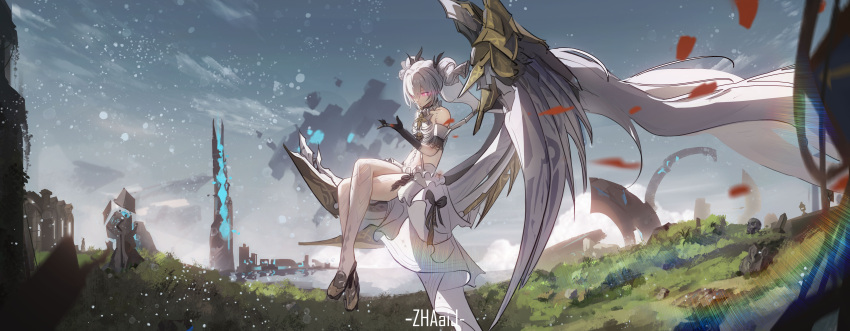 1girl absurdres artist_name black_gloves black_ribbon cross-shaped_pupils detached_sleeves elbow_gloves gloves grey_hair grey_skirt hair_between_eyes hair_ribbon hair_tubes highres long_hair luna:_oblivion_(punishing:_gray_raven) luna_(punishing:_gray_raven) mechanical_wings official_alternate_costume punishing:_gray_raven red_eyes ribbon short_sleeves single_wing skirt solo symbol-shaped_pupils twintails very_long_hair wings zhaaij_318