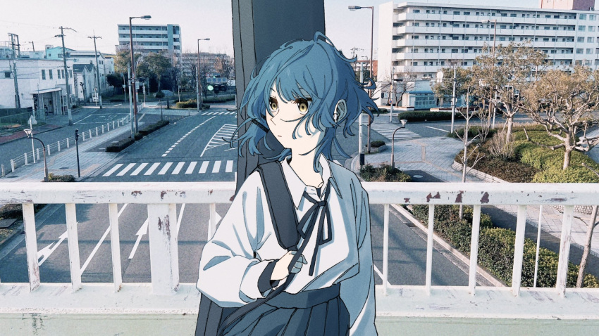 1girl black_ribbon black_shirt blue_hair bocchi_the_rock! building chorohanage city collared_shirt crosswalk day highres instrument_case instrument_on_back lamppost long_sleeves neck_ribbon outdoors pedestrian_bridge photo_background power_lines ribbon road shirt short_hair sidewalk solo street traffic_light tree utility_pole white_shirt yamada_ryo yellow_eyes