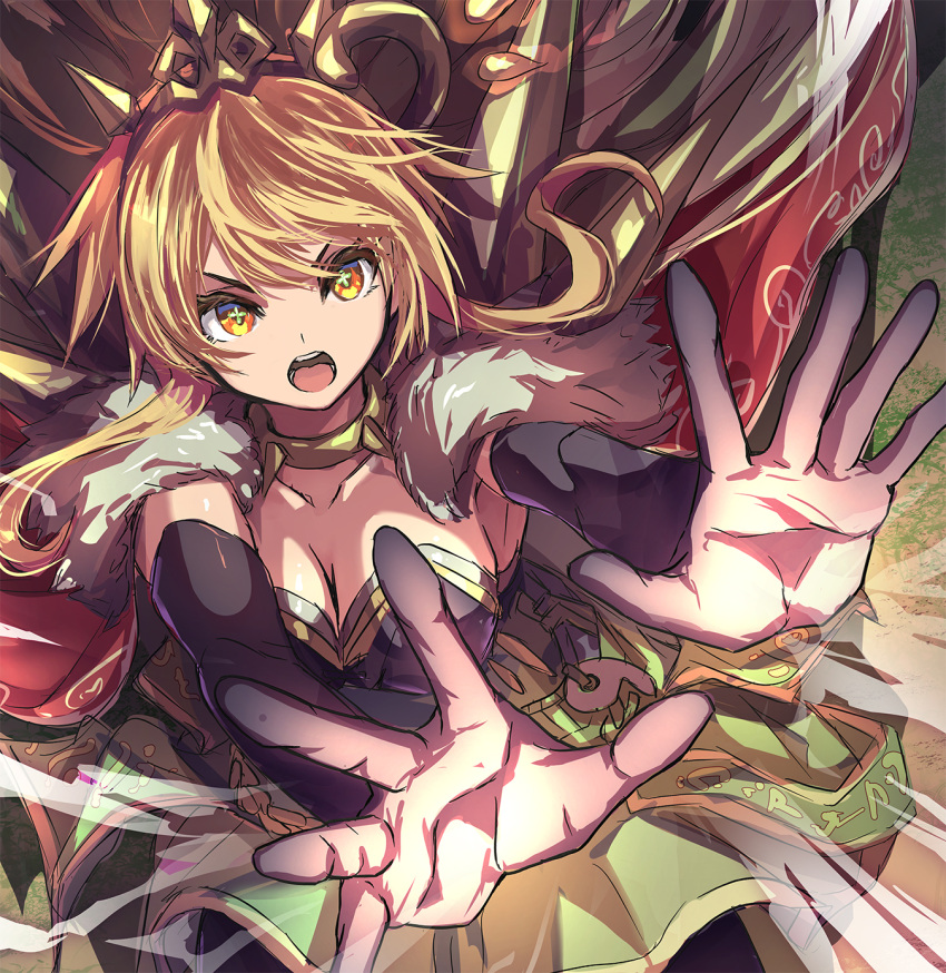 1girl black_gloves blonde_hair breasts cape cleavage collar commission dress duel_monster elbow_gloves floating_hair fur-trimmed_cape fur_trim gloves green_eyes hair_between_eyes hands_up highres long_hair open_mouth pantyhose pushing revision ritual_beast_ulti-apelio shouma_(bravespiritya) skeb_commission solo spiked_collar spikes wind yu-gi-oh!