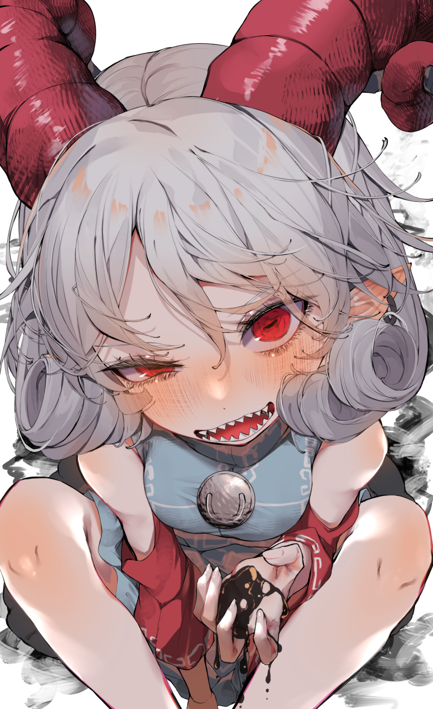 1girl absurdres blush breasts commentary_request curly_hair detached_sleeves earrings fingernails grey_hair hair_between_eyes highres horns jewelry legs looking_at_viewer medium_breasts open_mouth pointy_ears red_eyes red_horns red_sleeves sharp_teeth short_hair sitting slit_pupils smile solo teeth touhou toutetsu_yuuma tsune_(tune)