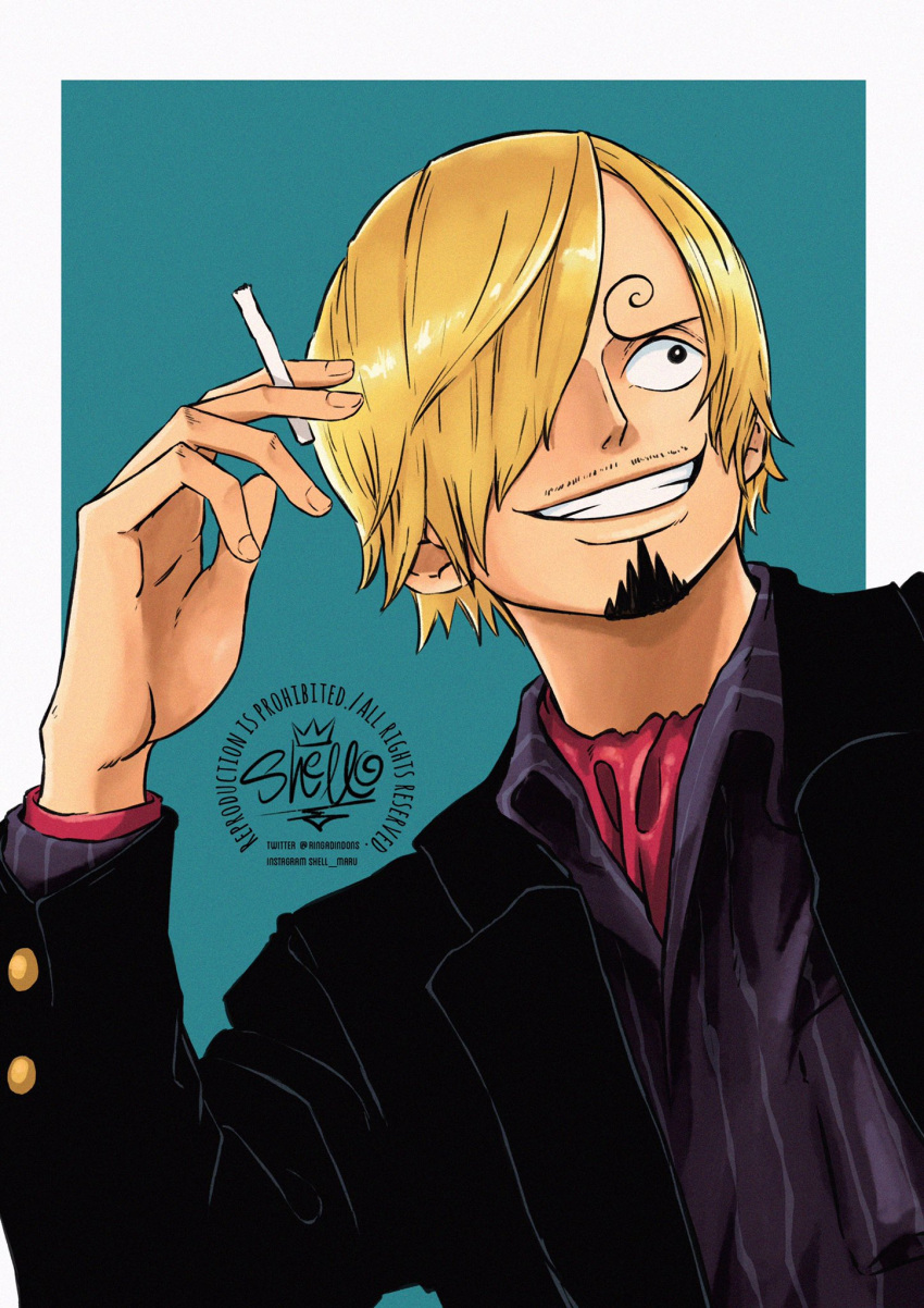 1boy black_jacket blonde_hair cigarette close-up curly_eyebrows facial_hair goatee hair_over_one_eye highres holding holding_cigarette jacket looking_to_the_side male_focus mustache_stubble one_piece sanji_(one_piece) sherumaru_(korcht06) simple_background smile solo stubble watermark