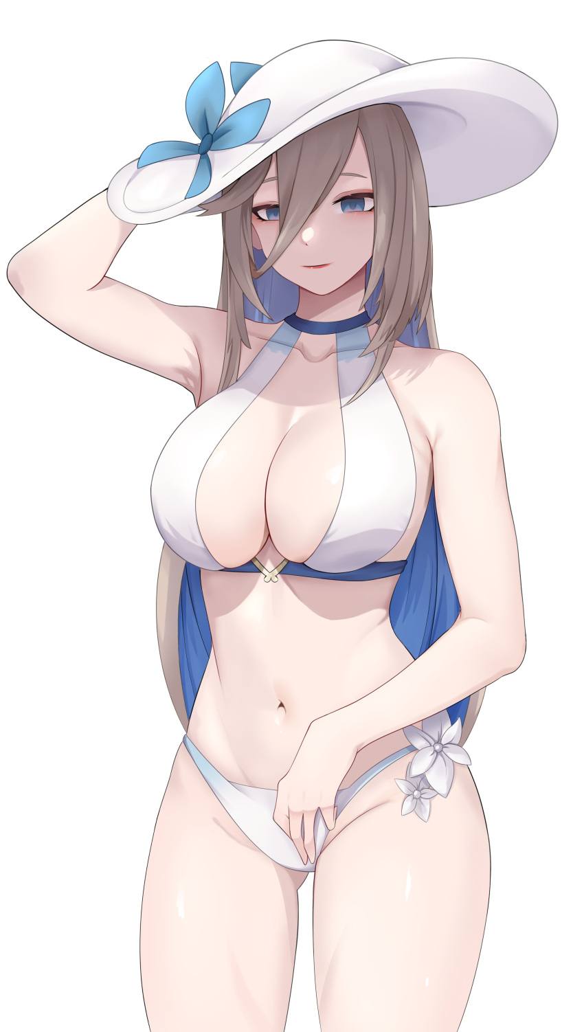 1girl absurdres aponia_(honkai_impact) armpits bikini blue_eyes breasts brown_hair closed_mouth collarbone cowboy_shot dress english_commentary highres honkai_(series) honkai_impact_3rd large_breasts long_hair looking_at_viewer navel simple_background solo stomach sundress swimsuit west_(user_frmf8438) white_background white_bikini