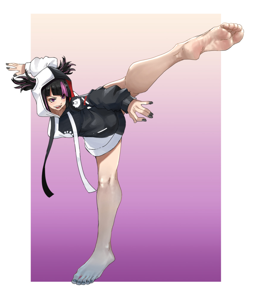 1girl bare_legs barefoot black_hair black_nails blunt_bangs capcom_cup collar cosplay eiji_(eiji) feet foot_focus foreshortening full_body han_juri highres hololive hood hoodie kicking multicolored_hair nail_polish ookami_mio ookami_mio_(3rd_costume) ookami_mio_(cosplay) open_mouth purple_hair red_eyes smile solo standing standing_on_one_leg street_fighter street_fighter_6 two-tone_hoodie white_hoodie