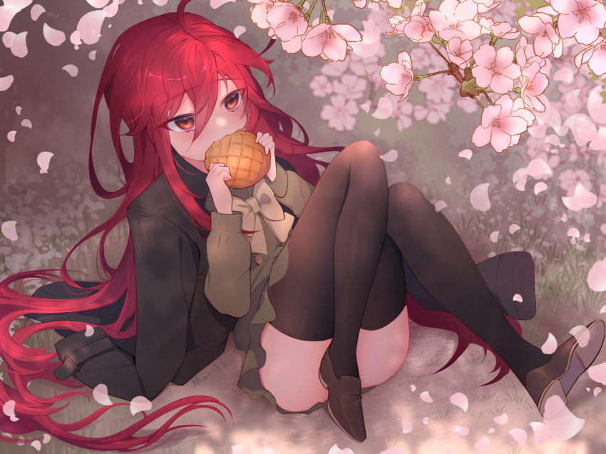 1girl :3 blush bow bowtie bread cherry_blossoms eating food highres holding holding_food jacket jacket_on_shoulders knees_up loafers long_hair long_sleeves maccha_(udva5383) melon_bread petals red_eyes red_hair school_uniform shakugan_no_shana shana shoes sitting solo thighhighs very_long_hair