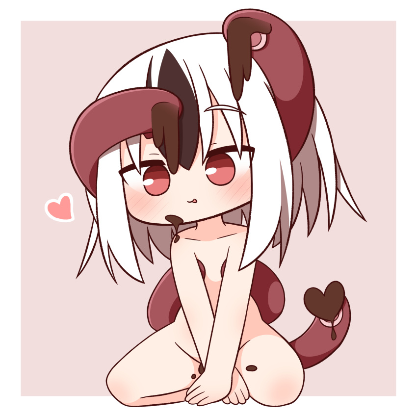 1girl :p between_legs black_hair blush brown_background candy chibi chocolate closed_mouth collarbone commentary_request food food_on_face full_body groin hair_between_eyes hana_kazari hand_between_legs heart heart-shaped_chocolate highres multicolored_hair nude original red_eyes shokushu-chan smile solo tentacles tongue tongue_out two-tone_background two-tone_hair white_background white_hair