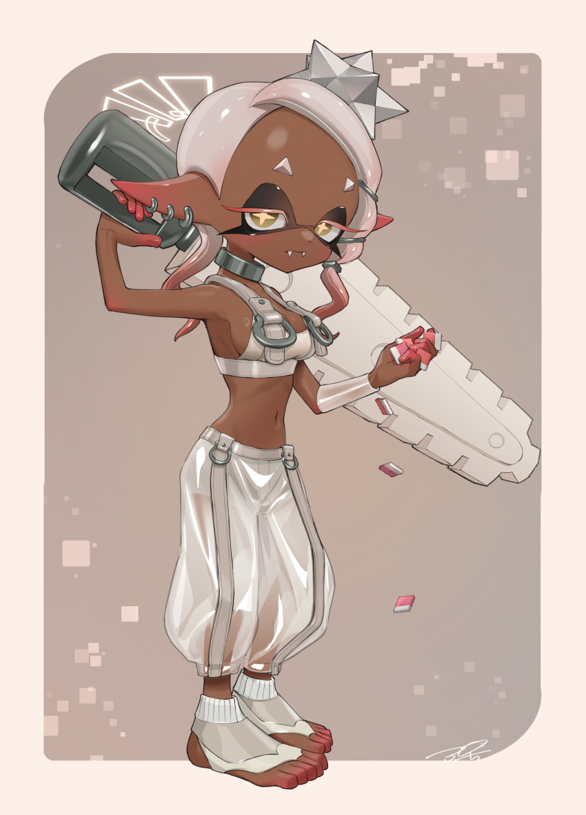 1girl agent_8_(splatoon) agent_8_(splatoon)_(cosplay) bare_shoulders between_fingers border breasts choker closed_mouth colored_eyelashes cosplay crop_top dark-skinned_female dark_skin dot_nose earrings fangs frye_(splatoon) full_body gradient_hair grey_choker grey_hair half-closed_eyes harem_pants highres holding holding_weapon jewelry midriff multicolored_hair outside_border pants pointy_ears puchiman shirt sideboob sideless_shirt signature small_breasts socks solo splatana_stamper_(splatoon) splatoon_(series) splatoon_3 splatoon_3:_side_order star-shaped_pupils star_(symbol) symbol-shaped_pupils tentacle_hair two-tone_hair weapon white_border white_pants white_shirt yellow_eyes