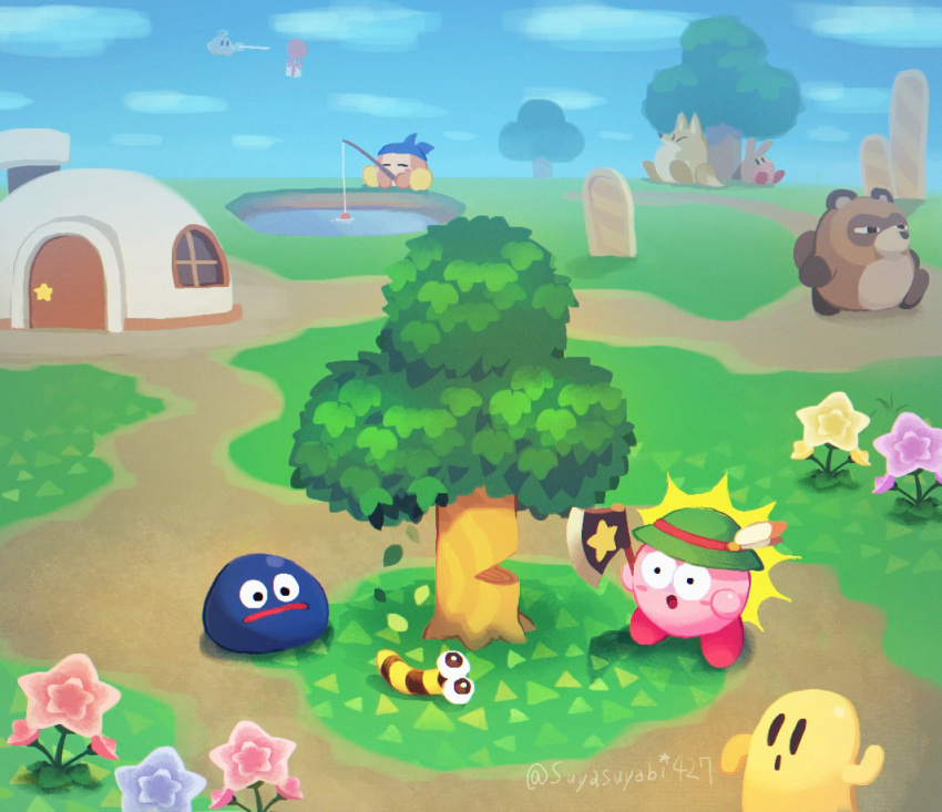 :o animal_crossing artist_name axe balloon bandana bandana_waddle_dee black_eyes blue_bandana blue_sky blush blush_stickers box capiller_(kirby) cappy_(kirby) chimney closed_eyes cloud commentary_request con_(kirby) day door feathers fishing fishing_rod flower frown gift gift_box gooey_(kirby) grass green_headwear hat hat_feather holding holding_axe holding_fishing_rod house kirby kirby's_house kirby_(series) looking_at_another no_humans on_ground open_mouth outdoors path pink_flower polof pon_(kirby) pond purple_flower scenery sitting sky solid_oval_eyes star_(symbol) surprised suyasuyabi tree twitter_username ufo ufo_(kirby) walking water wide-eyed window yellow_flower