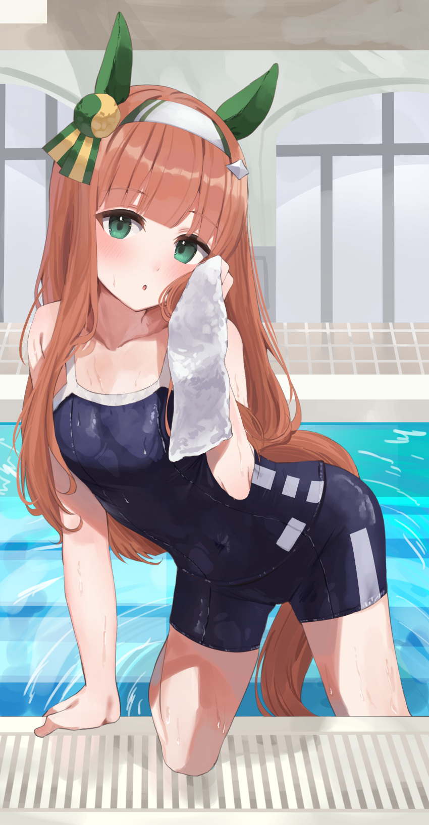 1girl absurdres animal_ears blue_one-piece_swimsuit blush breasts chestnut_mouth commentary_request competition_school_swimsuit covered_navel ear_covers ear_ornament green_eyes hairband highres hime_cut horse_ears horse_girl horse_tail indoors long_hair one-piece_swimsuit orange_hair pool poolside school_swimsuit silence_suzuka_(umamusume) small_breasts solo swimsuit tail tracen_swimsuit umamusume wet wet_clothes wet_swimsuit white_hairband yokawa_nagi