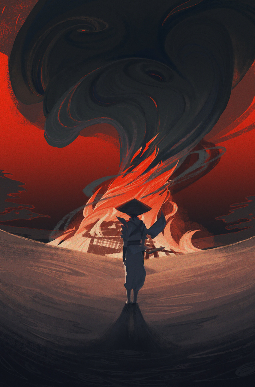 1boy absurdres burning burning_building conical_hat dark daydreeaaaming fire from_behind genshin_impact highres looking_ahead red_sky red_theme scaramouche_(genshin_impact) shadow sky smoke solo standing wanderer_(genshin_impact)