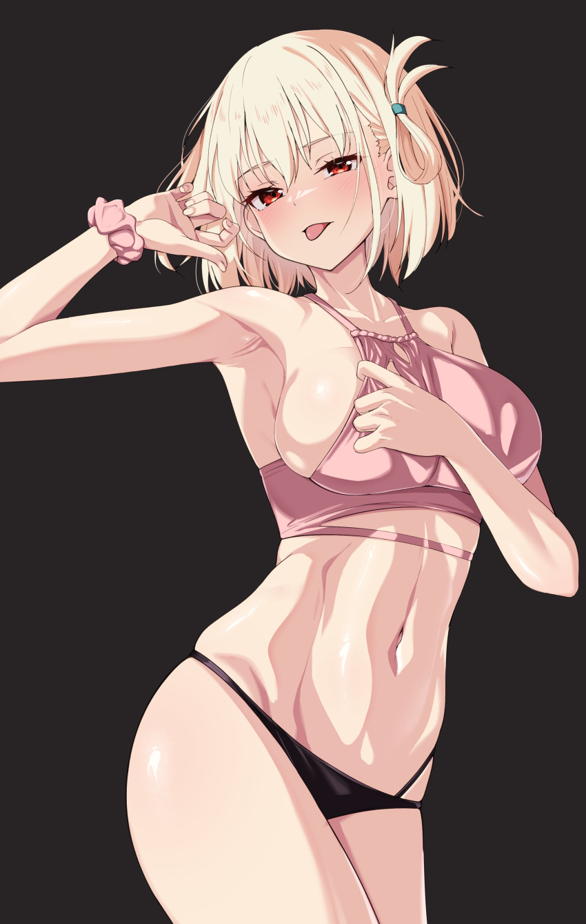 1girl :p absurdres black_panties blonde_hair breasts comiket_104 commentary_request highres kawaruhi large_breasts looking_at_viewer lycoris_recoil navel nishikigi_chisato paid_reward_available panties pink_scrunchie red_eyes scrunchie short_hair sideboob solo teasing tongue tongue_out underwear wrist_scrunchie