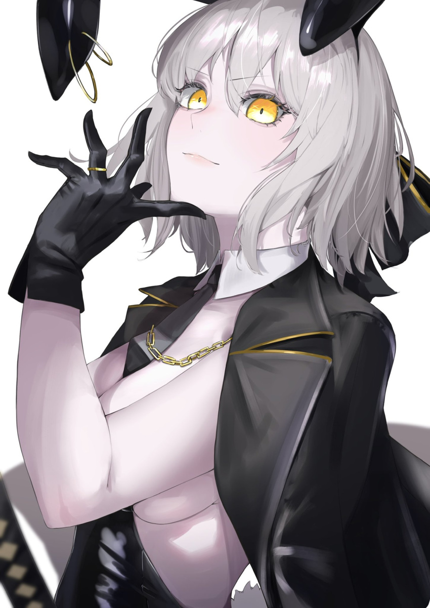 1girl aegyo_sal animal_ears between_breasts black_bow black_gloves black_jacket black_leotard black_necktie bow breasts chain closed_mouth detached_collar fake_animal_ears fake_tail fate/grand_order fate_(series) gloves grey_hair hair_bow hand_on_own_chin highres holding holding_sword holding_weapon jacket jacket_on_shoulders jeanne_d'arc_alter_(fate) jewelry large_breasts leotard looking_at_viewer necktie necktie_between_breasts parted_lips playboy_bunny rabbit_ears rabbit_tail ri_o_ne_su ring short_hair sideboob simple_background solo sword tail weapon white_background yellow_eyes