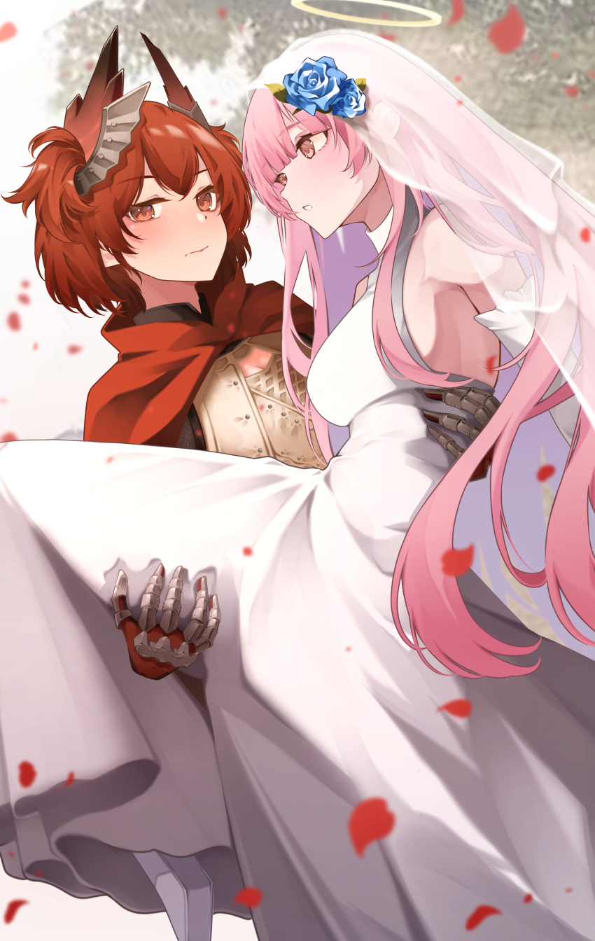 2girls absurdres animal_ears arknights armor blush breasts bridal_veil capelet carrying cleavage cleavage_cutout closed_mouth clothing_cutout commission dress dutch_angle fiammetta_(arknights) floating_hair flower hair_flower hair_ornament halo hanahashi_bagara highres lemuen_(arknights) long_hair looking_at_viewer multiple_girls pink_hair pixiv_commission princess_carry red_capelet red_eyes red_hair short_hair sleeveless sleeveless_dress textless_version veil wedding_dress white_dress yuri