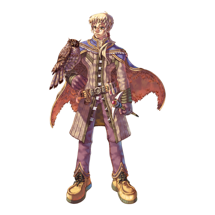 1boy 2000s_(style) alchemist_(ragnarok_online) bird bird_on_hand blonde_hair blue_cape boots brown_coat brown_eyes brown_footwear brown_gloves brown_pants cape closed_mouth coat cross-laced_footwear expressionless full_body glasses gloves highres holding holding_staff long_sleeves looking_at_animal male_focus myung-jin_lee official_art owl pants pince-nez ragnarok_online red_cape round_eyewear short_hair simple_background solo staff standing tachi-e transparent_background two-sided_cape two-sided_fabric vial