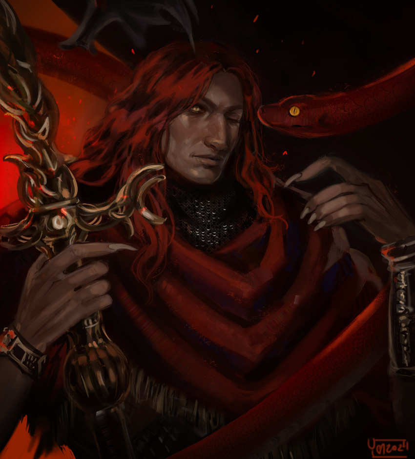 1boy absurdres armor chainmail dated elden_ring elden_ring:_shadow_of_the_erdtree embers highres holding holding_polearm holding_weapon long_hair looking_at_viewer messmer_the_impaler one_eye_closed ornate ornate_armor ornate_weapon polearm red_hair red_robe red_snake robe single_bracelet single_vambrace slit_pupils snake snake_on_shoulder solo vambraces weapon yellow_eyes yen_(yenyenyen19)