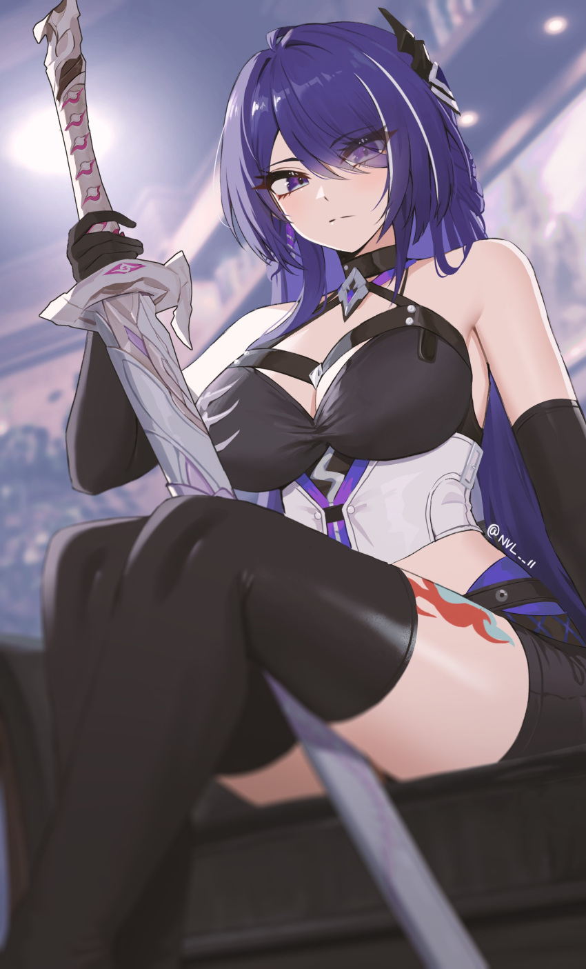 1girl absurdres acheron_(honkai:_star_rail) black_choker black_gloves black_thighhighs breasts choker cleavage commentary elbow_gloves feet_out_of_frame gloves highres holding holding_sword holding_weapon honkai:_star_rail honkai_(series) katana large_breasts leg_tattoo long_hair looking_at_viewer midriff nvl purple_eyes purple_hair scabbard sheath sheathed sitting solo sword tattoo thighhighs thighs very_long_hair weapon