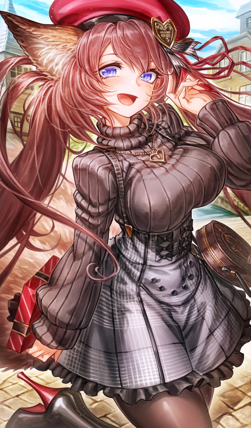 :d animal_ears black_sweater blue_sky breasts brown_hair brown_pantyhose building caleen_keemosn cloud day frilled_skirt frills grey_skirt hand_up hat heart_pendant heel_up high_heels highres jewelry large_breasts long_hair long_sleeves looking_at_viewer open_mouth outdoors oyu_udon pantyhose pendant pleated_skirt purple_eyes red_headwear ribbed_sweater skirt sky sleeves_past_wrists smile standing standing_on_one_leg star_ocean star_ocean_anamnesis stone_floor sweater turtleneck turtleneck_sweater twintails window