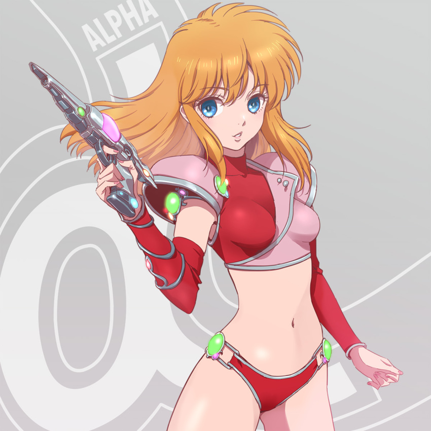 1girl alpha_(game) bikini blue_eyes breasts character_request chris_(alpha) copyright_name copyright_request cowboy_shot gem gun highres holding holding_gun holding_weapon lips navel orange_hair parted_lips red_bikini shoulder_guard sidelocks small_breasts solo square_enix stomach swimsuit vambraces weapon yazwo