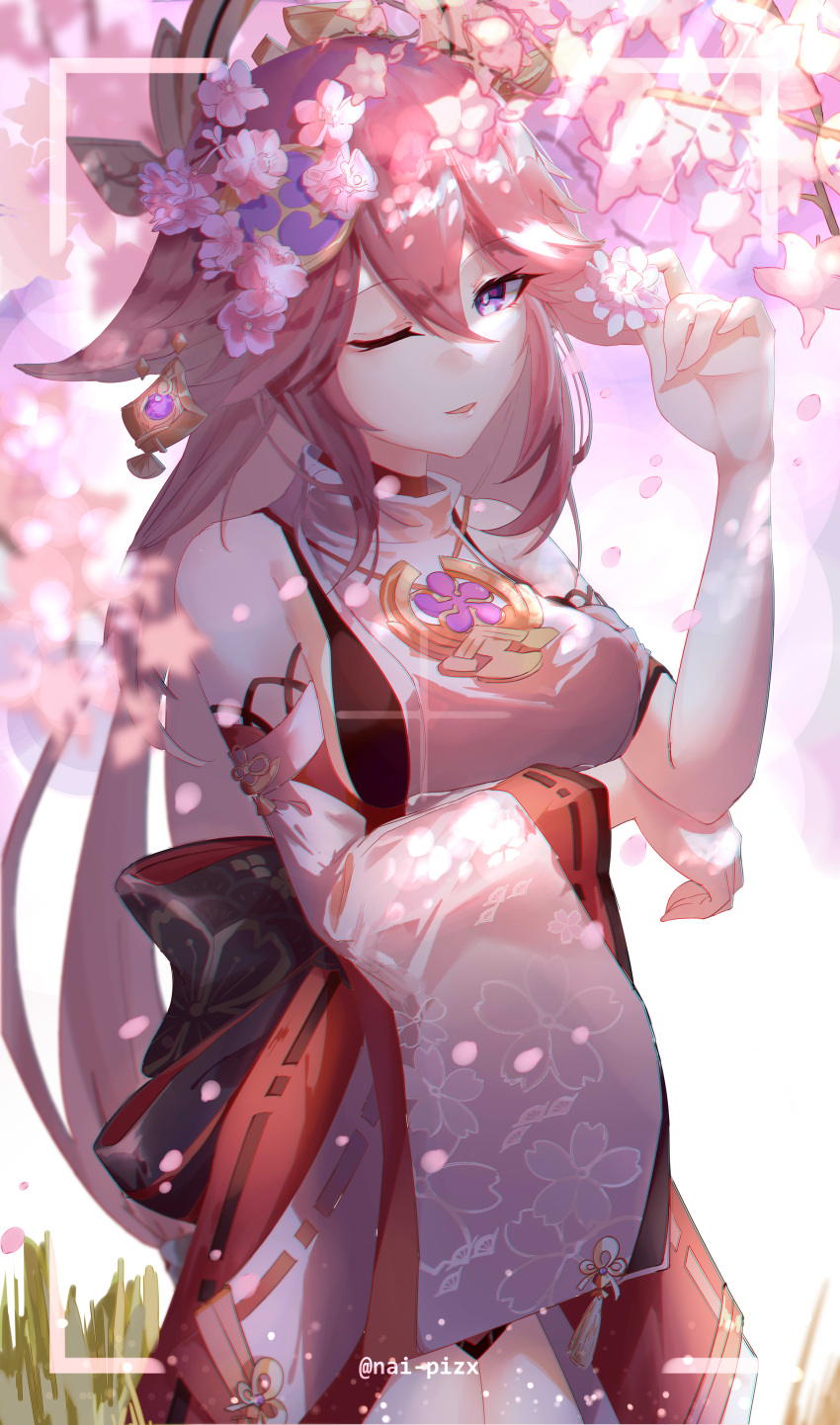 1girl absurdres arm_under_breasts arm_up blush branch breasts cherry_blossoms closed_mouth commentary detached_sleeves feet_out_of_frame floral_print flower genshin_impact grass hair_between_eyes hair_flaps hair_ornament headgear highres holding holding_flower japanese_clothes jewelry long_hair looking_at_viewer nai_pizx necklace nontraditional_miko one_eye_closed parted_lips pink_hair print_sleeves purple_eyes ribbon-trimmed_sleeves ribbon_trim simple_background solo standing tassel turtleneck twitter_username very_long_hair vision_(genshin_impact) white_background white_flower wide_sleeves yae_miko