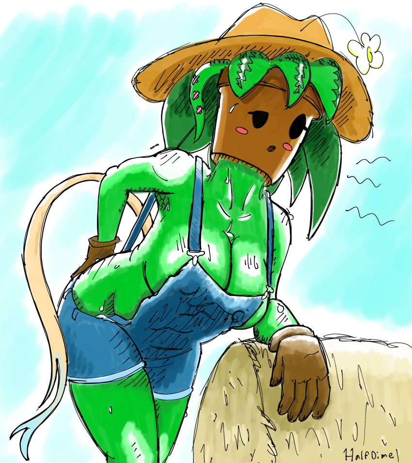 absurd_res anthro big_breasts blaster_master bodily_fluids breasts cleavage clothed clothing elemental_creature elemental_humanoid female flora_fauna glistening glistening_body gloves green_body green_skin half_dime hand_on_hip handwear hat hay hay_bale headgear headwear hi_res humanoid kanna_(blaster_master) leaning leaning_forward overalls overalls_only plant plant_humanoid solo sweat tail wide_hips