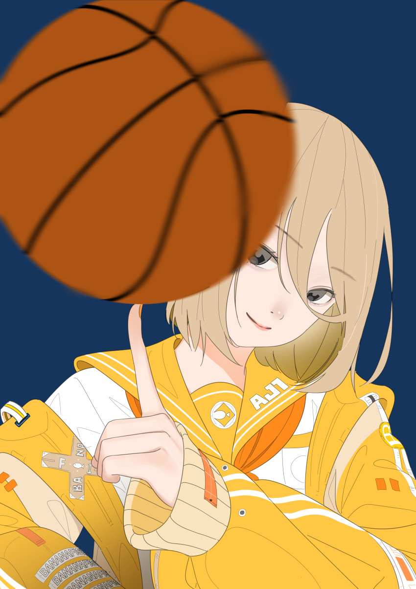 1girl absurdres ball bananafish1111 basketball_(object) black_eyes blonde_hair blue_background commentary english_commentary hair_between_eyes highres jacket looking_at_viewer orange_nails original school_uniform serafuku short_hair simple_background smile solo