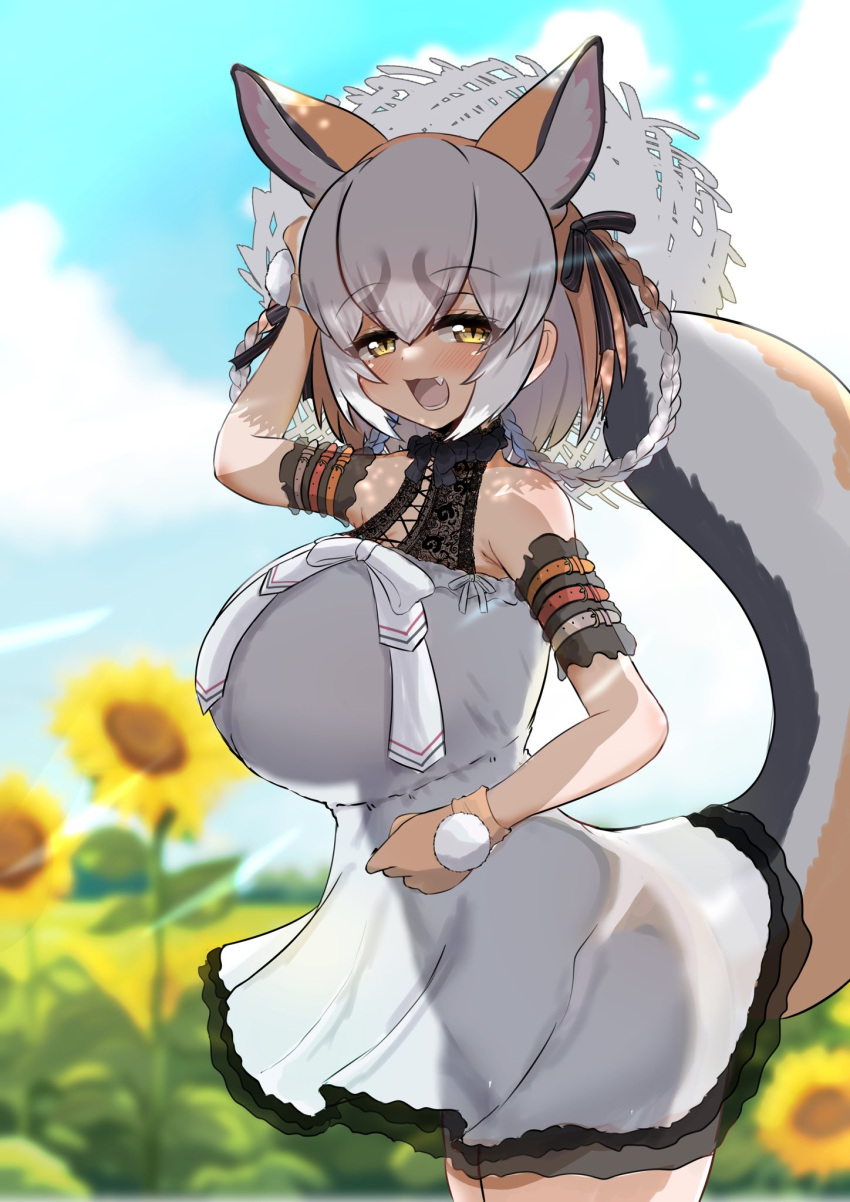 1girl akaisuto animal_ears belt blue_sky bow bowtie brown_hair dress extra_ears flower fox_ears fox_girl fox_tail gloves grey_hair hat highres island_fox_(kemono_friends) kemono_friends kemono_friends_v_project long_hair looking_at_viewer outdoors ribbon sky solo sundress sunflower tail virtual_youtuber yellow_eyes