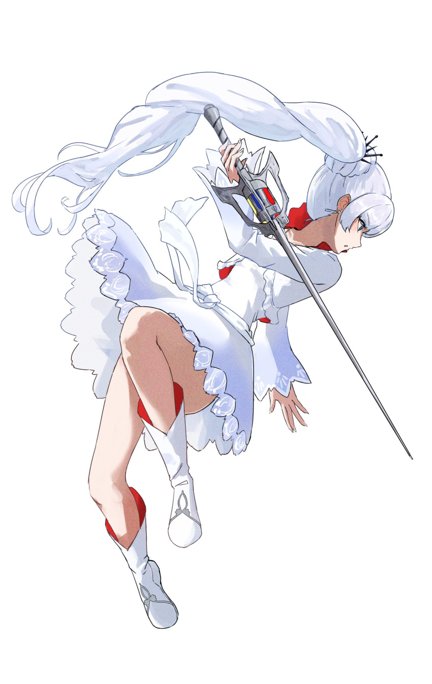 1girl boots collarbone dress earrings facing_to_the_side floating floating_hair full_body highres holding holding_sword holding_weapon jacket jewelry knee_up long_hair myrtenaster open_mouth ponytail rwby ryoha_kosako sash solo sword thighs tiara very_long_hair weapon weiss_schnee white_background white_dress white_footwear white_hair white_jacket white_sash