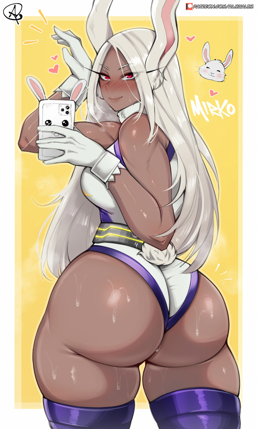 1girl absurdres almualim animal_ears ass bare_shoulders blush boku_no_hero_academia border breasts cellphone character_name curvy dark-skinned_female dark_skin fur_collar gloves hand_up heart highleg highleg_leotard highres holding holding_phone huge_ass large_breasts leotard long_eyelashes long_hair looking_at_viewer mirko parted_bangs patreon_username phone purple_thighhighs rabbit rabbit_ears rabbit_girl rabbit_pose rabbit_tail red_eyes selfie signature smartphone smile solo steaming_body sweat tail tail_through_clothes thick_thighs thighhighs thighs toned twisted_torso very_long_hair white_border white_gloves white_hair white_leotard wide_hips yellow_background