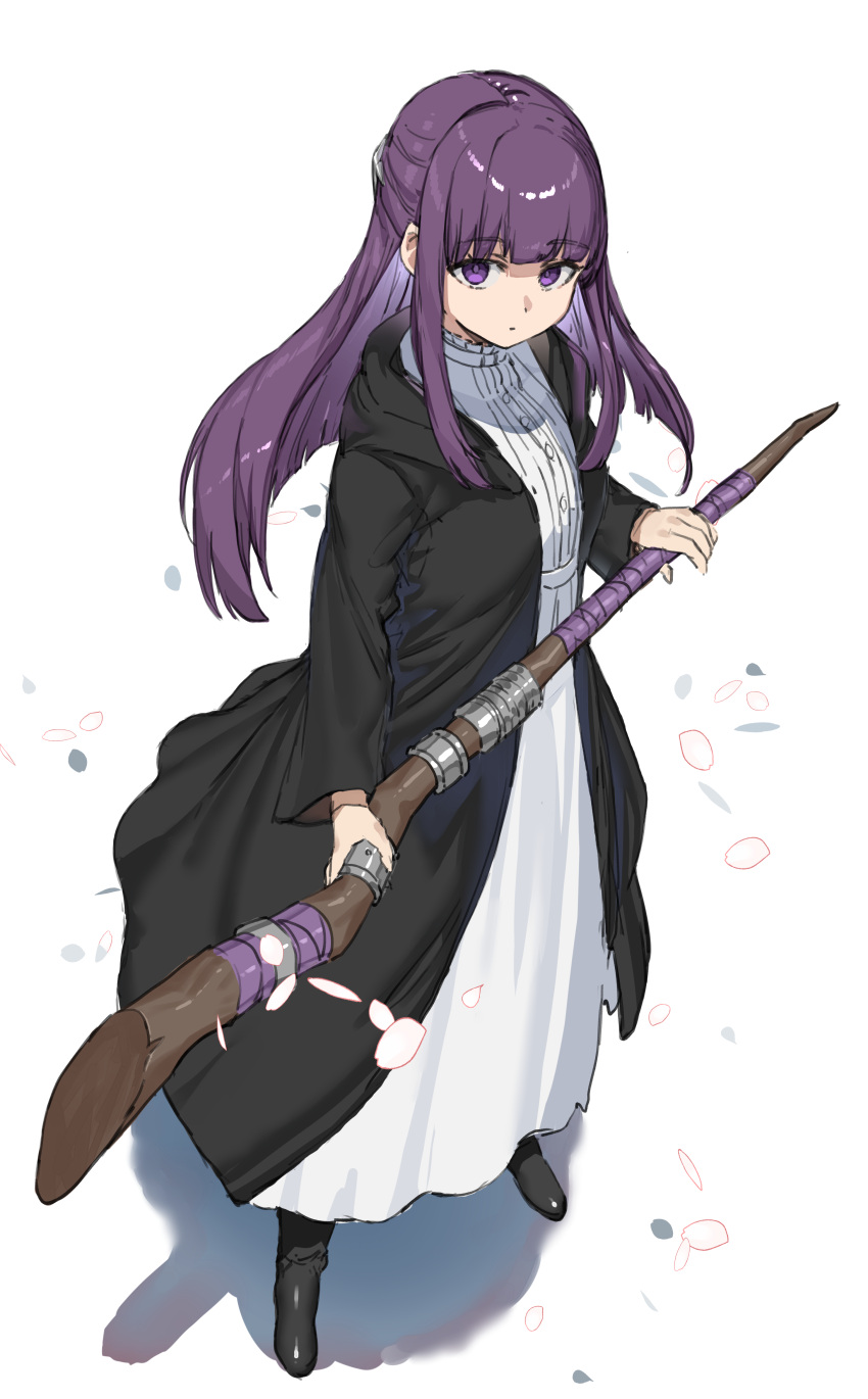 1girl absurdres black_footwear black_robe boots closed_mouth dress fern_(sousou_no_frieren) full_body highres holding holding_staff hood hood_down hooded_robe long_hair long_sleeves open_clothes open_robe petals purple_eyes purple_hair ranf robe shadow simple_background solo sousou_no_frieren staff standing very_long_hair white_background white_dress