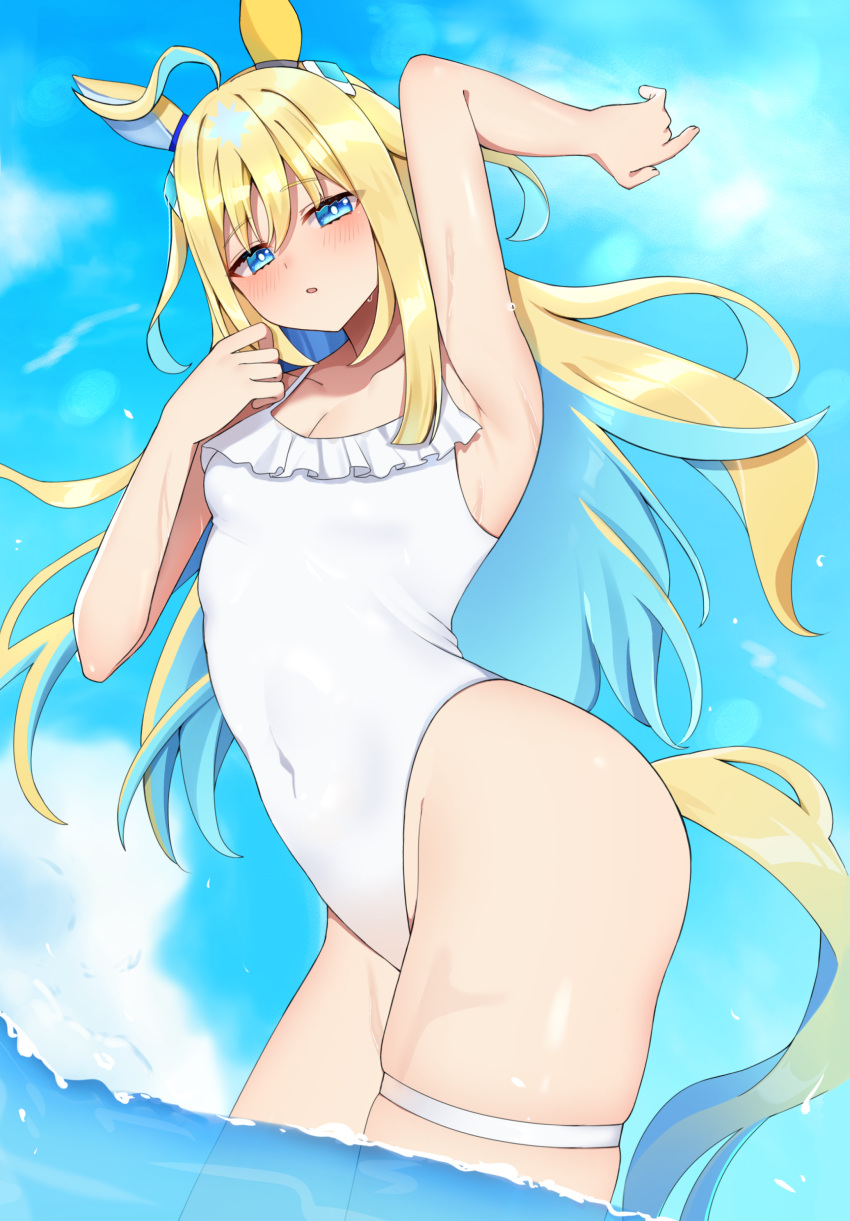 1girl absurdres ahoge alternate_costume animal_ears arm_up armpits blush breasts cleavage commentary_request covered_navel hair_ornament highres horse_ears horse_girl horse_tail kaoru_(h8qm9) lens_flare looking_at_viewer neo_universe_(umamusume) ocean sky small_breasts solo swimsuit tail umamusume wet