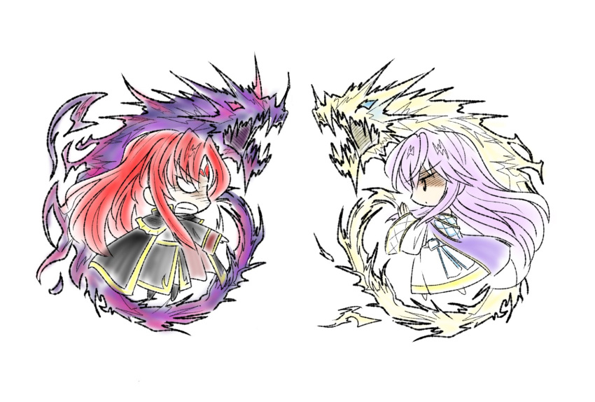 1boy 1girl angry battle brother_and_sister chibi corruption dress fire_emblem fire_emblem:_genealogy_of_the_holy_war highres julia_(fire_emblem) julius_(fire_emblem) long_hair purple_hair red_hair siblings siglud1225 simple_background wide_sleeves