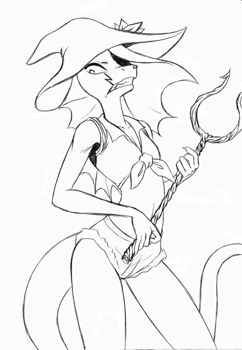 anthro black_and_white calamity_(chalchiotlique) chochi clothed clothing female flower hat headgear headwear helmeted_lizard hi_res lizard melee_weapon monochrome no_evil one_eye_obstructed plant reptile scalie solo teeth weapon