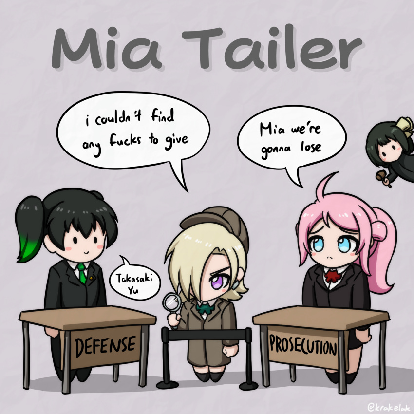 4girls :&gt; :&lt; ahoge black_hair blonde_hair blue_eyes blush_stickers bow bowtie business_suit chibi coat deformed double-parted_bangs english_text frown gavel gradient_hair green_bow green_bowtie green_hair green_necktie grey_background hair_over_one_eye highres holding holding_magnifying_glass krakelak lapel_pin long_hair long_sleeves looking_at_another love_live! love_live!_nijigasaki_high_school_idol_club magnifying_glass medium_hair mia_taylor mifune_shioriko mole mole_under_eye multicolored_hair multiple_girls necktie no_mouth one_eye_covered pink_hair ponytail profanity pun purple_eyes red_bow red_bowtie short_hair sidelocks smile speech_bubble standing suit takasaki_yu text_focus trench_coat twintails twitter_username two_side_up zhong_lanzhu