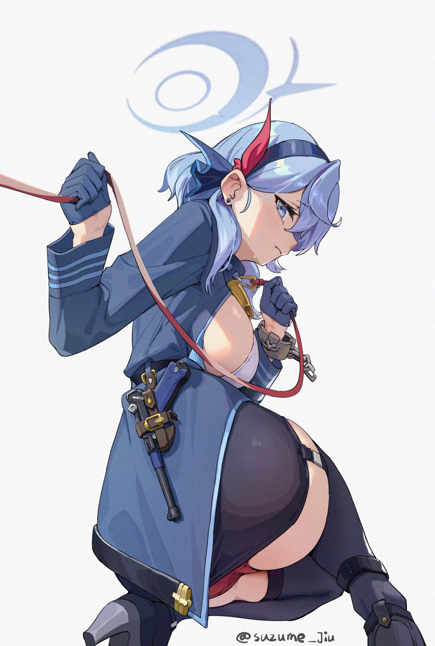 1girl absurdres ako_(blue_archive) artist_name ass bell black_hairband black_skirt black_thighhighs blue_archive blue_eyes blue_gloves blue_hair blue_halo blue_jacket boots bow_hairband breasts closed_mouth cowbell cuffs earrings from_side garter_straps gloves gun hair_behind_ear hairband half_gloves halo highres holding holding_leash jacket jewelry leash medium_hair miniskirt neck_bell panties red_panties red_ribbon ribbon shackles shirt sideboob sideless_shirt skirt solo squatting suzume_jiu thighhighs underwear weapon white_background white_shirt