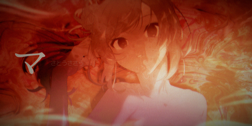 1girl abstract_background blank_(935115) cevio character_name commentary completely_nude distortion hair_bun hand_up head_tilt long_hair looking_at_viewer monochrome nude orange_theme out-of-frame_censoring parted_lips satou_sasara side_ponytail sidelighting sidelocks single_side_bun solo song_name upper_body