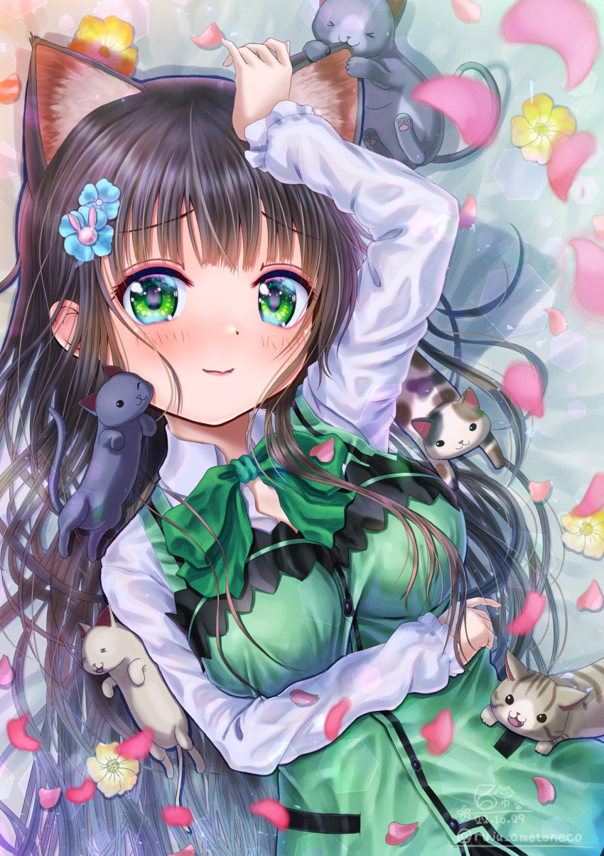 1girl 2022 animal_ear_fluff animal_ears arm_under_breasts arm_up biting black_cat black_hair blue_flower blunt_bangs blurry blush bow breasts cat cat_ears cat_girl closed_mouth collared_shirt commentary dated depth_of_field dutch_angle ear_biting eyelashes falling_petals flower gochuumon_wa_usagi_desu_ka? green_bow green_eyes hair_flower hair_ornament hair_spread_out head_tilt highres kemonomimi_mode large_breasts lips long_hair long_sleeves looking_at_viewer lying on_back petals rabbit_hair_ornament rouge_(my_rouge) shirt signature smile solo tareme twitter_username ujimatsu_chiya upper_body very_long_hair white_shirt yellow_flower