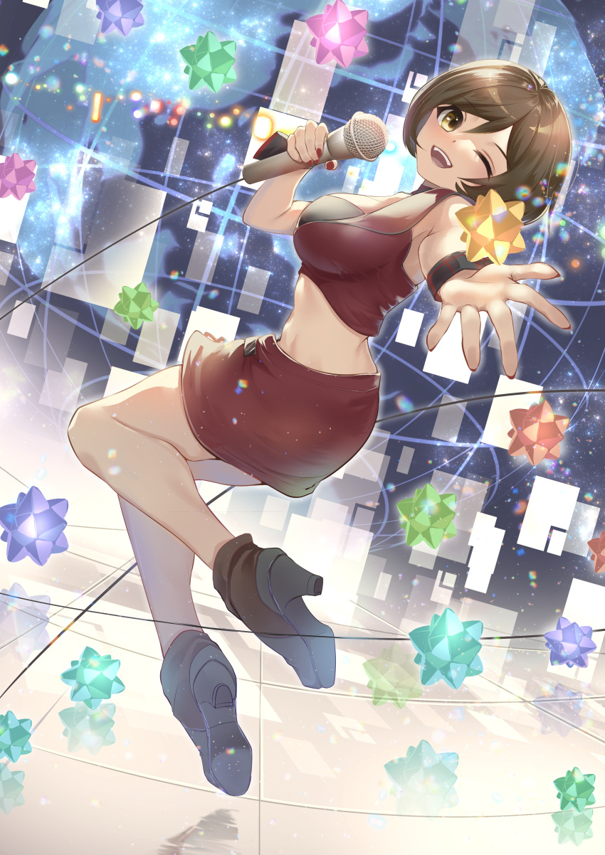 1girl absurdres ankle_boots boots brown_eyes brown_hair crop_top digital_dissolve floating foreshortening full_body happy high_heels highres holding holding_microphone light_particles looking_at_viewer meiko_(vocaloid) meiko_(vocaloid3) microphone midair midriff nail_polish one_eye_closed open_mouth reaching reaching_towards_viewer red_nails red_skirt shigemu_room short_hair skirt sleeveless smile solo star_(symbol) vocaloid wire