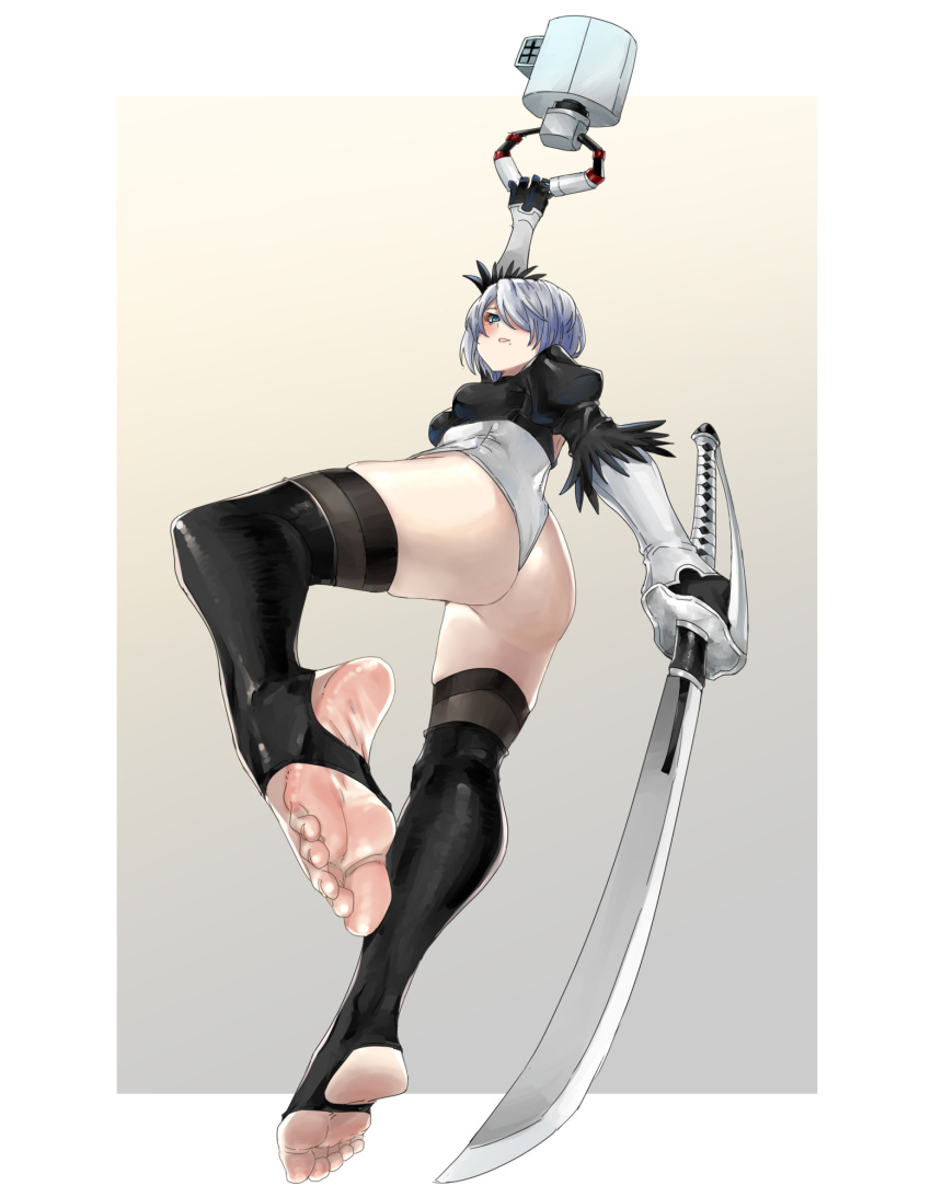 1girl 2b_(nier:automata) ass barefoot black_gloves black_thighhighs border breasts butt_crack eiji_(eiji) feet foot_focus foreshortening full_body gloves granblue_fantasy granblue_fantasy_versus granblue_fantasy_versus:_rising grey_hair hair_over_one_eye highres holding holding_sword holding_weapon juliet_sleeves katana leotard long_sleeves looking_at_viewer looking_down medium_breasts nier:automata nier_(series) pod_(nier:automata) puffy_sleeves robot short_hair skindentation solo stirrup_legwear sword thick_thighs thighhighs thighs toeless_legwear weapon white_border