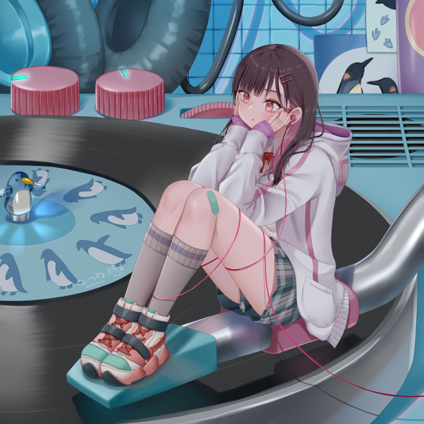 1girl bandaid bandaid_on_knee bandaid_on_leg bird brown_eyes brown_hair grey_socks hair_ornament hairclip hands_on_own_cheeks hands_on_own_face hood hoodie knees_up mini_person minigirl multicolored_hair natsume_koji original penguin phonograph pink_hair pink_nails plaid plaid_skirt pleated_skirt record shirt sitting skirt socks two-tone_hair white_hoodie white_shirt