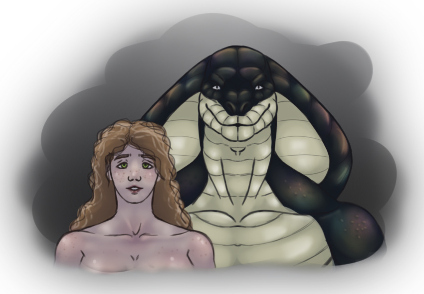 abstract_background alexandra_(crazmax) anthro breasts crazmax duo female hair herman_(crazmax) human male male/female mammal muscular reptile scales scalie size_difference snake snake_hood