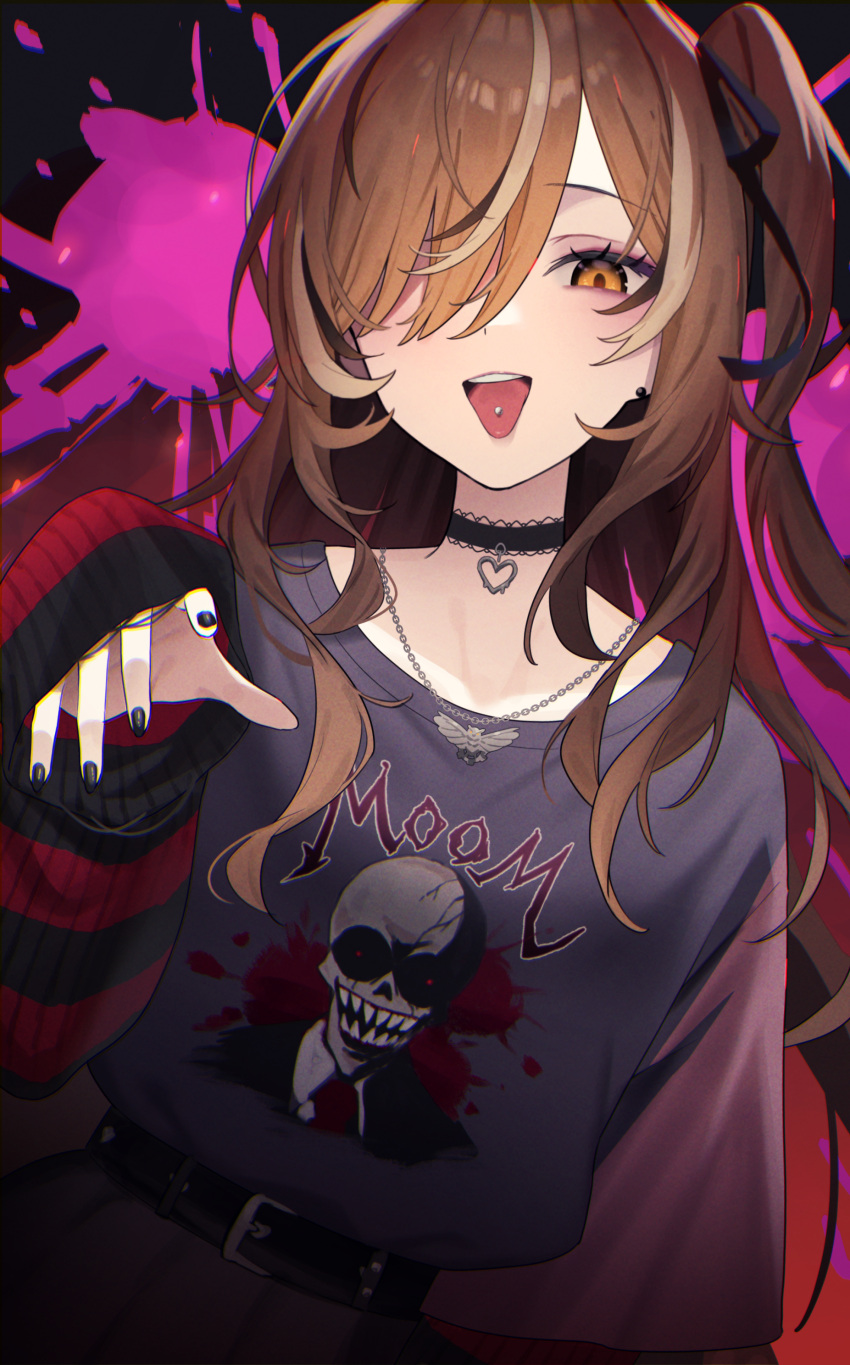 1girl absurdres aotake_iro black_choker black_hair black_nails black_shirt black_sweater brown_eyes brown_hair choker dark_background fingernails hand_up heart heart_choker highres hololive hololive_english jewelry lace lace_choker looking_at_viewer multicolored_hair nail_polish nanashi_mumei nanashi_mumei_(4th_costume) necklace nightmare_(nanashi_mumei) official_alternate_costume parted_bangs piercing print_shirt red_sweater shirt sleeves_past_wrists solo streaked_hair striped_clothes striped_sweater sweater tongue tongue_out tongue_piercing two-tone_sweater upper_body virtual_youtuber white_hair